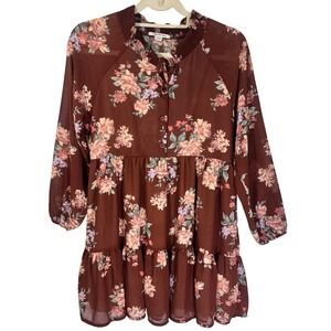 American Eagle Women Floral‎ Long Sleeve Brown Dress Tiered Mini Boho Italy Sz S
